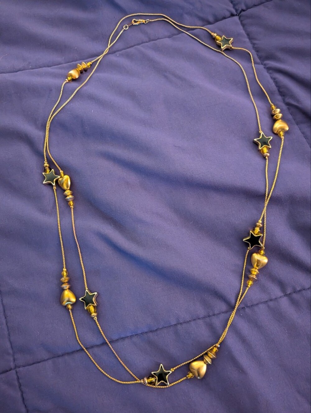 Vintage 80s 60 Inch Station Necklace Black Enamel Stars Gold Tone Hearts